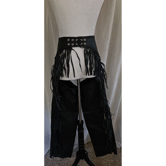 HIMALAYA MOTOR BIKE WEAR 100% Leather Chaps Size Small Zipper Motorcycle Black - Picture 3 of 11